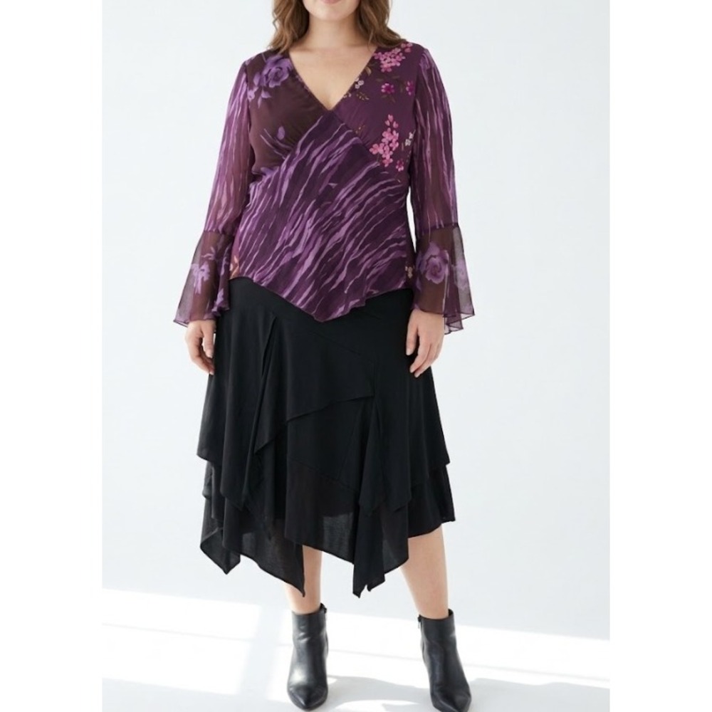 Vintage Spenser Jeremy Silk Blouse XL Purple Floral Bell Sleeve Whimsigoth Y2K